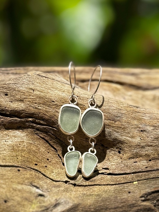 Hand Crafted Jewelry - Double Aqua sea glass Handmade sterling silver drop earrings